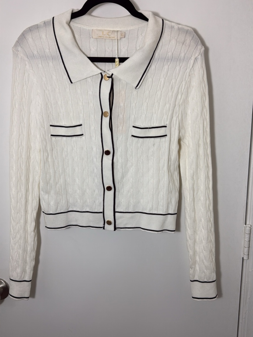 LC White Cable-Knit Button Front Cardigan with Black Trim